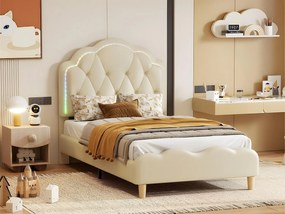Łóżko dziecięce tapicerowane w skórze ekologicznej z LED w różnych kolorach - stelaż z listew drewnianych - 90x200cm - Białe