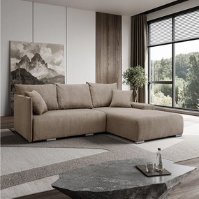 Narożnik, Sofa w kształcie L, tkanina sztruksowa Poso, Jasnobrązowy, Prawy, Livorno L