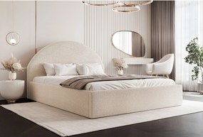 BESILIO Łóżko tapicerowane Boucle 140x200 Velora- stelaż listwowy, wezgłowie, pojemnik, łóżko slim - Kremowy