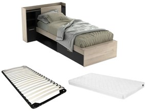 Łóżko 90 x 190/200 cm ze schowkami - Czarny i naturalne drewno + Stelaż + Materac - MARTELO