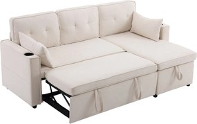 Kanapa 3-osobowa rozkładana - bawełniana - z pojemnikiem i uchwytem na kubki - Beżowa