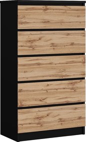 Komoda z 5 szufladami, Czarny Matowy / Dąb Wotan, 70 x 39 x 125 cm