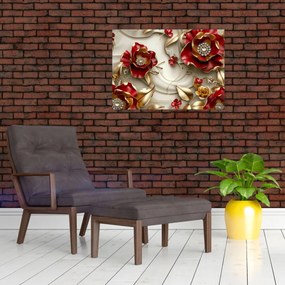 Obraz na szkle - 3D czerwono-złote kwiaty (70x50 cm)