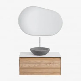 Zestaw Wiszących Mebli Łazienkowych Z Drewna Jesionowego Tedrik Popielaty Brąz & Okrągły Szary Cement Ø40 Cm - Sklum