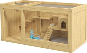 PawHut Klatka dla małych zwierząt z drewna świerkowego z akcesoriami i poidełkiem 100x50x50 cm naturalna | Aosom PL