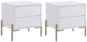 Zestaw 2 szafek nocnych z 2 szufladami - MDF i metal - Biały lakierowany i złoty - KORASA Pascala Morabito