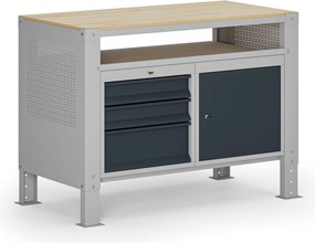 Stół warsztatowy G9, 1 półka, 1 szafka, 3 szuflady, z regulacją wysokości, 1180 x 595 x 715-975 mm, szary/grafitowy