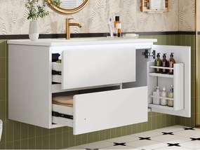Wiszący mebel łazienkowy 91x46,5x50,5 cm - z ceramiczna umywalką - z oświetleniem LED - 2 szuflady i 1 drzwi - Biały