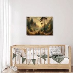 Obraz na szkle - Słońce świecące przez las (70x50 cm)