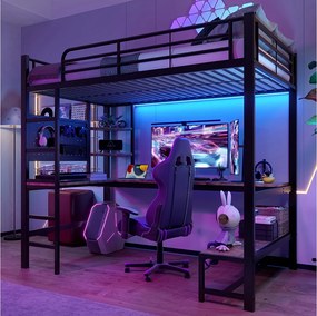 Łóżko piętrowe 90 x 200 cm - Łóżko pojedyncze z biurkiem i oświetleniem LED - czarne - materac nie jest wliczony w cenę