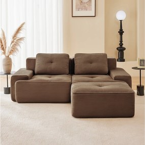 Modułowa Sofa 2-osobowa w Welurze żebrowanym, z pufą i 2 poduszkami, 204x177x69cm, Brązowy