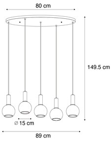 Lampa wisząca Art Deco czarna z owalnym 5-punktowym dymionym szkłem - Josje ArtDeco Oswietlenie wewnetrzne