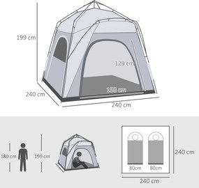 Outsunny Pop Up Namiot kopułowy dla 4 osób lekki, stabilny wodoodporny UV 50+ z drzwiami i oknami, plandeka