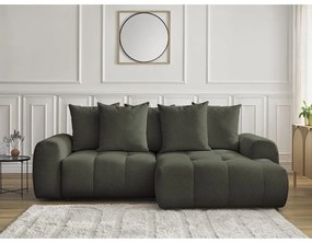 Rozkładany/ze schowkiem narożnik z tkaniny szenilowej (prawostronny/z szezlongiem) w kolorze khaki Roxelane – Bobochic Paris