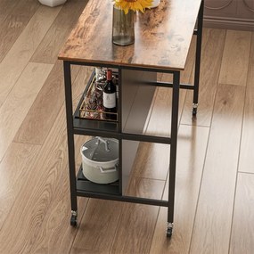 Stół barowy z półkami i kółkami, 120 x 60 x 97 cm – nowoczesny design loftowy, ciemnobrązowy/czarny