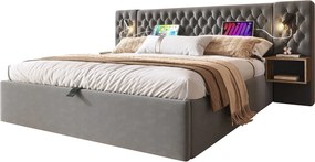 Łóżko hydrauliczne ze schowkiem - 160 x 200 cm - z 2 szafkami nocnymi + lampką przy zagłówku - welur - szare