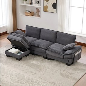 Zestaw wypoczynkowy z tkaniny sztruksowej 3-osobowy - 260 x 132 x 84 cm - z 1 pufem ze schowkiem + portem USB + kieszeniami - ciemnoszary