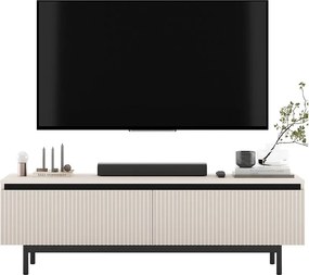 Szafka RTV z 2 drzwiami - Korpus kaszmir mat, fronty ryflowane kaszmir mat - Czarna metalowa rama, 140 cm