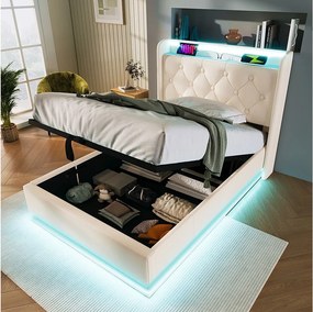 Łóżko z pojemnikiem 90x200 cm, łóżko dziecięce z oświetleniem LED i portem USB typu C - białe PU (bez materaca)