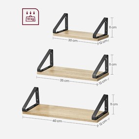 Vasagle Półki ścienne ABBY z konsolą, 3 szt., 30/35/40x12cm, czarna/jasnobrązowy