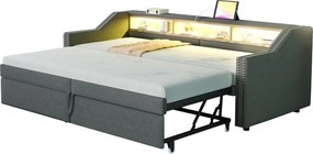 Tapicerowana rozkładana sofa - 90/180 x 200 cm - ze schowkiem + diodami LED + port USB - len + metal + sklejka + płyta MDF - szary