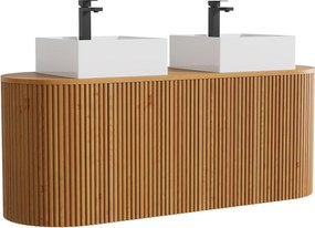 Podwieszana szafka łazienkowa z drewna tekowego z podwójną kwadratową umywalką nablatową i baterią - Jasny naturalny - 150 cm - TOWARI