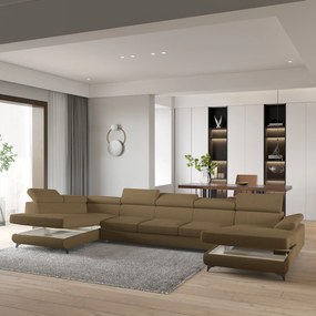 Masseno Narożnik MONTIVA z funkcją spania i pojemnikiem na pościel Narozniki U, Rozkładana sofa - Miodowy, QUELLE 17