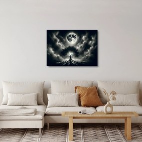 Obraz na szkle – Czarno-białe drzewo w pełni księżyca (70x50 cm)