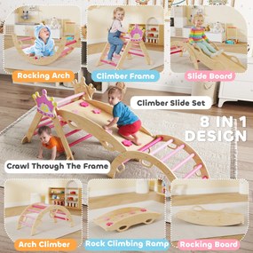 AIYAPLAY 8-in-1 konstrukcja wspinaczkowa do wnętrz dla dzieci, motyw księżniczki, zjeżdżalnia, rampa, łuk, drewno