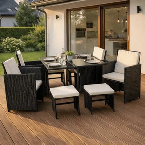 Zestaw Mebli Ogrodowych BONITO Czarny/Kremowy Fotele Pufy Stolik Technorattan Nowoczesny