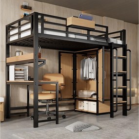 Łóżko piętrowe z żelaza - 90 x 200 cm - z szafą + schodami + biurkiem i półką - żelazo + płyta MDF - czarne + naturalne