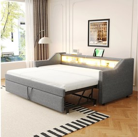 Łóżko dziecięce wysuwane 90/180 x 190 cm - Tkanina lniana - Diody LED i port USB - Szare