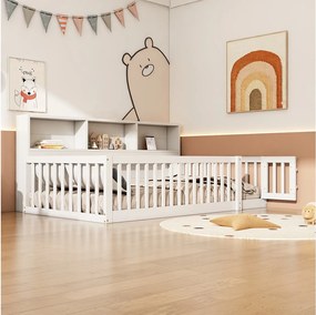 Łóżko 90 x 200 cm z barierkami i szafkami - Drewno sosnowe + MDF - Stelaż listwowy - Białe (bez materaca)