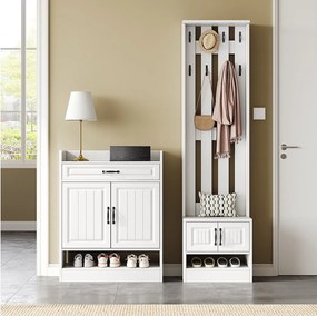 Komplet szafy z ławką na buty i szafką na buty + 8 wieszaków + 4 drzwi + 1 szuflada - płyta wiórowa - biały