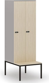 Drewniana szafa ubraniowa S4 z ławką, 2-drzwiowa, 1871 x 600 x 500/800 mm, demontaż, zamek mechaniczny z kodem, szary/brzoza