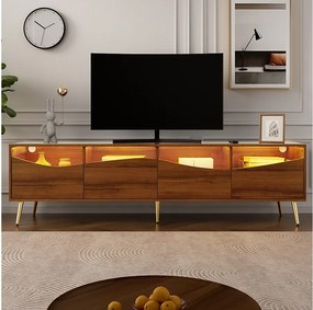 Nowoczesna szafka RTV 180 x 40 x 50 cm z diodami LED - nogi metalowe w kolorze złotym - front szklany i 4 szuflady - płyta MDF - naturalna