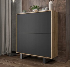 Komoda z 4 drzwiami - korpus dąb wotan fronty czarny mat - 113 cm, metalowe nogi