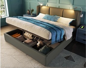 Łóżko z pojemnikiem 160x200cm z ekoskóry - z lampkami do czytania i portami USB - z stelażem na listwach - Szare