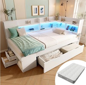 Łóżko dziecięce z pojemnikiem - 90 x 200 cm - z diodami LED + USB + półki + szuflady - drewno - białe (materac w zestawie)