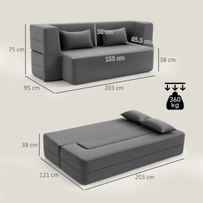 HOMCOM 2-osobowa sofa rozkładana z pianki, sofa rozkładana z szerokimi podłokietnikami, 2 poduszki, nośność 360 kg, szary