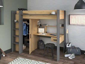Łóżko z antresolą  z biurkiem i szafą – 90 × 200 cm – kolor naturalny i antracytowy - AUCKLAND