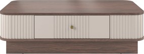 Stolik kawowy Vesper 103x60 cm z szufladą na cokole - kaszmir / orzech / złoty uchwyt