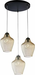 Lampa wisząca Maya z czarnego lakierowanego żelaza, regulowane kable, klosze z bursztynowego szkła dmuchanego z dekoracją reliefową, 3 światła