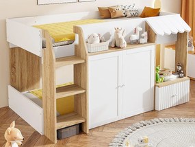 Łóżko dziecięce 90x200 cm - 4 drzwi - Z drabinką - ​​Kolor naturalny + Biały​​ (materac nie jest dołączony)