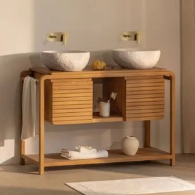 Zestaw Mebli Łazienkowych Bradley Z Drewna Tekowego 2 X Nieregularna Z Biały Cementu ↔︎40 Cm Fedro & Bezlusterkowiec - Sklum
