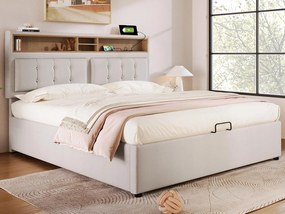 Łóżko z pojemnikiem 160x200 cm z tkaniny lnianej - regulowane wezgłowie z gniazdami - z stelażem na listwy - Beżowe