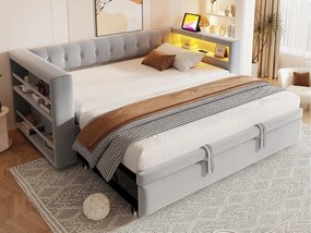 Tapicerowana sofa z łóżkiem 90x190 cm - z oświetleniem LED - z łóżkiem chowanym - z gniazdkiem elektrycznym - jasnoszary