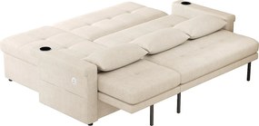 Kanapa narożna 3-osobowa - rozkładana do łóżka - z oświetleniem LED + USB - oparcie regulowane z poduszkami - Tkanina chenille - beżowy