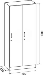 Drewniana szafka ubraniowa S5, 2-drzwiowa, 1900 x 600 x 420 mm, zamek cylindryczny, buk