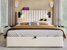 Łóżko z pojemnikiem 180x200cm z tkaniny bawełnianej - z lampkami do czytania i portami ładowania USB - z stelażem na listwach - Beżowe